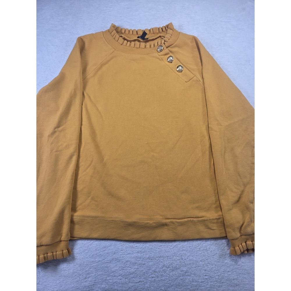 Talbots Womens Medium Mustard Ruffle Neck Sweatshirt Gold Button Pullover